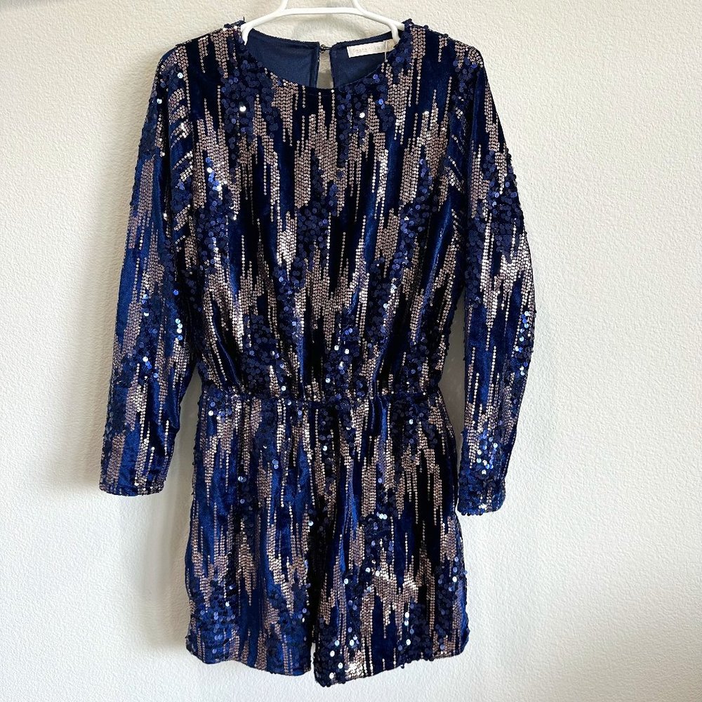 Navy Blue & Gold Velvet Sequin Open Back Long Sleeve Romper